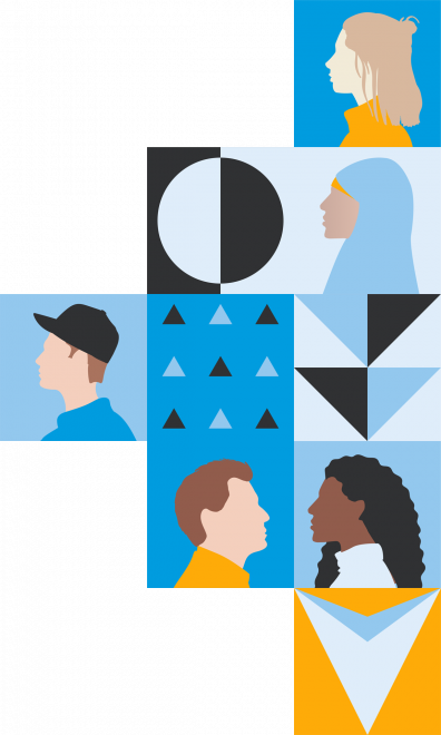 Grafik mit verschiedenen Elementen und Personen