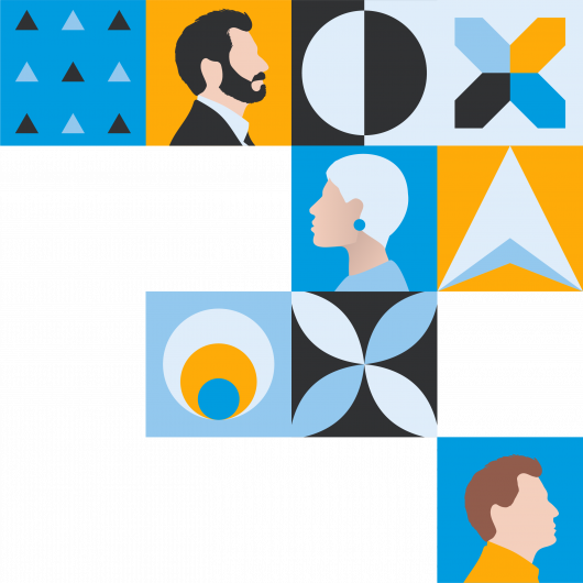 Grafik mit verschiedenen Elementen und Personen